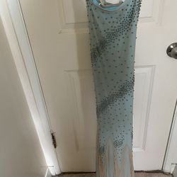 Prom Dress Two Tone Nude Color On Top Mesh Like Fabric /inside Light Aqua Blue Size Small 