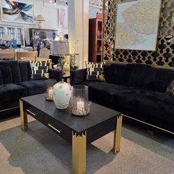 Black Gold Velvet Sofa  &  Loveseat LED Lights
