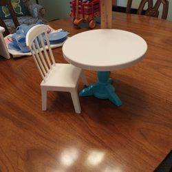 Small Doll Table And Chair. Plastic. Table 7" Tall.  Excellent