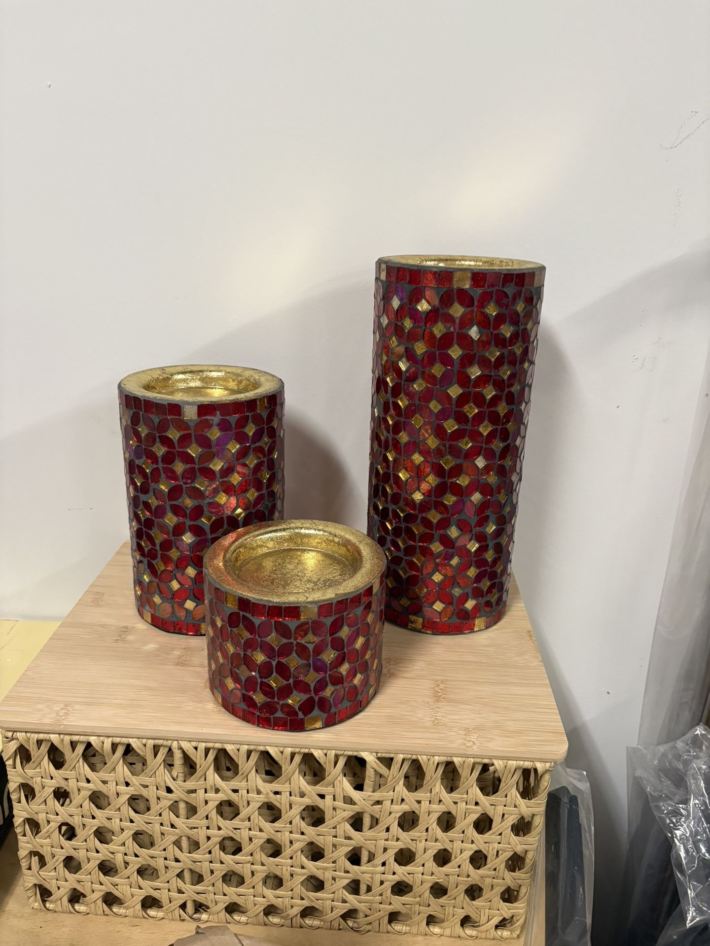 New Deco 79 Metal Handmade Decorative Candle Holder Pillar Stand with Mosaic Pattern, Set of 3