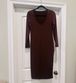 Chocolate brown three-quarter sleeve stretchy long  dress
