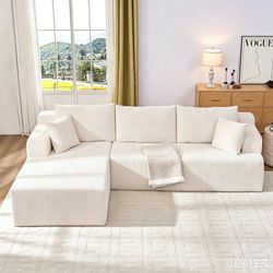 106'' L-Shaped Corduroy Sectional Sofa, Modular Couch with Removable Pillows, Wide Arms,Beige