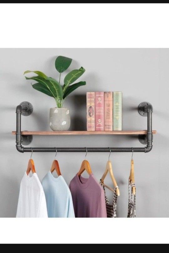 Industrial Pipe Clothing Rack with Shelves, Metal Commercial Clothes Racks for Hanging Clothes,Wall Mounted Black Iron Garment Bar
