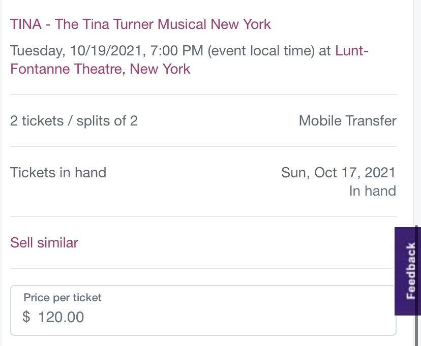Two Tickets to Tina Turner on Broadway