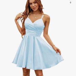 Women's Short Satin V-Neck Prom Party Dresses for Teens A-Line Spaghetti Straps Cocktail Dress
