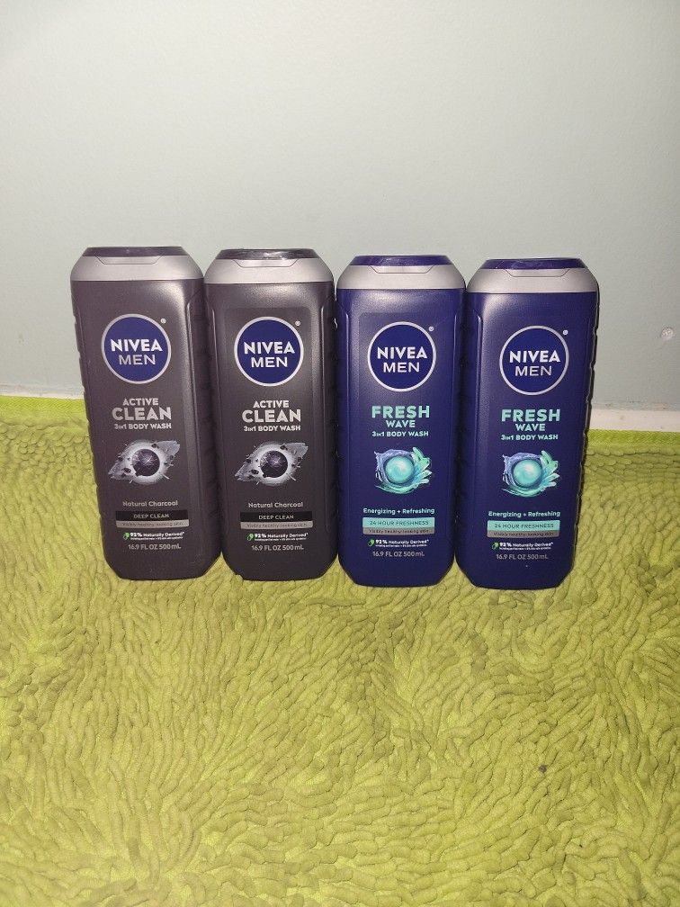 4 Nivea Men 3in1 Bodywash 16.9oz (2 Active Clean/2 Fresh Wave)