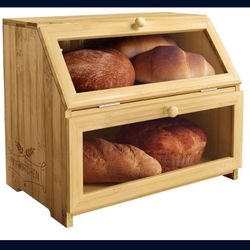 Bamboo Bread Box Space Saving Rustic Flat-Top Bread Bin for Countertop - Store Bread Cake and Baked Goods - 15 x 9.8 inches (2 Tier box)