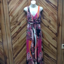 Bisou Bisou Maxi Dress Multicolor With V-nexkline And A Cinched Waist Featuring Decorative Buttons Size 10