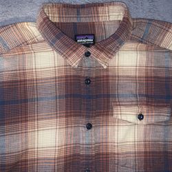 Patagonia Flannel Size Large Brown And Beige Tartan Plaid 100% Organic Cotton 🏔