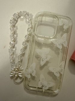 Clear Butterfly Phone Case with Bead Wrist Strap for iPhone 16 pro