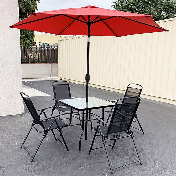 (NEW) $135 Outdoor 6pcs Patio Set with 32x32” Table 4pc Folding Chairs and 10ft Tilt Umbrella
