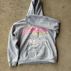 Grey and Pink Sp5der Hoodie