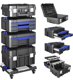 AIRAJ 4 Tier Stackable Rolling Tool Box with Wheels | Modular Tool Organizer Box Storage System | Portable Tool Box with Drawers