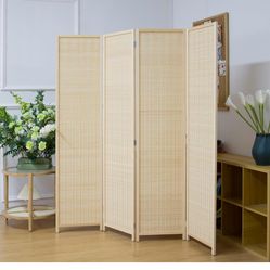 Pawlabay 4 Panel Bamboo Room Divider Screen,5.6 FT Tall Bamboo Divider Folding Privacy Screen,Freestanding Panel Divider for Room Seperation,Beige