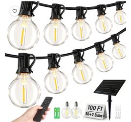 Mibote Solar Outdoor String Lights, 100FT 50 G40 Bulbs Shatterproof Patio Lights, IP44 Waterproof, Dimmable ,Remote Control for Patio Garden