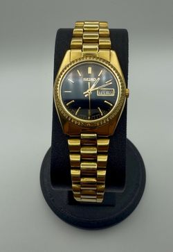 Vintage Ladies Seiko 7N83 Gold Tone, President Bracelet, Black Dial