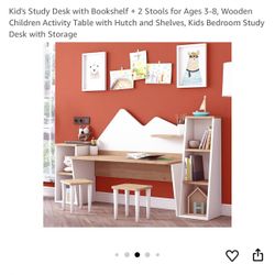 Kid's Study Desk with Bookshelf + 2 Stools for Ages 3-8, Wooden Children Activity Table with Hutch and Shelves, Kids Bedroom Study Desk with Storage