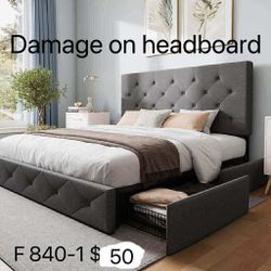Full Size Bed Frame with 4 Storage Drawers, Platform Full Bed Frame open box(840-1)(damaged on headboard)