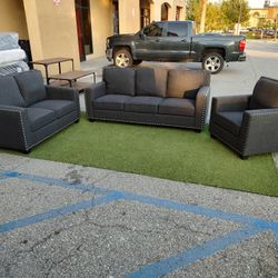 Brand New 3 Pcs Sofa Love & Chair Black Linene Fabric $799