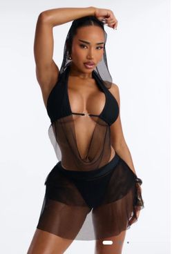 3 piece hooded fishnet bikini