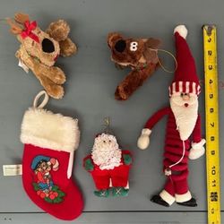 Vintage Cloth Plush Stocking Kissing Reindeer Ornaments etc $7 for All 