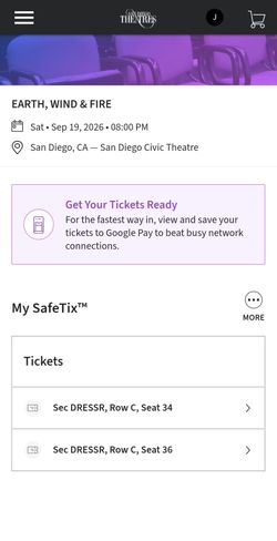 2 Earth Wind and Fire Tickets.   Dress Circle Row C