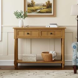 Brand New Sealed Solid Wood Console Table Natural Two Drawers Shelf
