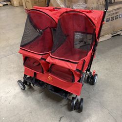 Pet Stroller Twin Folding Dog Cat Carrier Travel Cart Pet Trolley with Storage Basket and 4-Wheels Multiple Colors for Cat Dog and More (red)