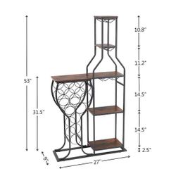 11-Bottle Rustic Brown Wine Rack 5 Tier Freestanding Wine Bakers Rack with Hanging Wine Glass Holder and Storage Shelves

