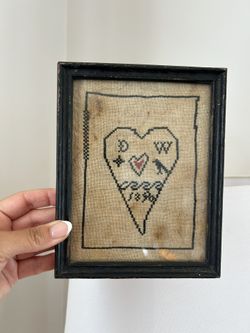 Framed Primitive Folk Art Sampler by Donna Whitmore Vintage Style Primitive Heart Hand Stitch