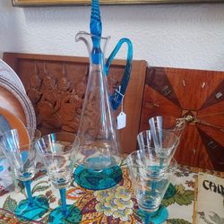 Vintage 15" Krosno Poland Empoli Italy Style Set Blue Clear Blown Glass Decanter Twisted Handle Stopper Finial MCM Genie Bottle Ewer Pitcher Decanter