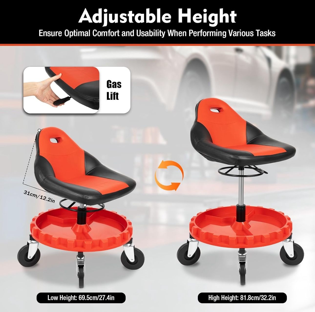 Rolling Shop Stool with 360° Swivel Tray, Adjustable Height 27.4-32.2in, 220lbs Capacity Mechanic Stool with 5 Silent Wheels & Backrest for Mechanics,
