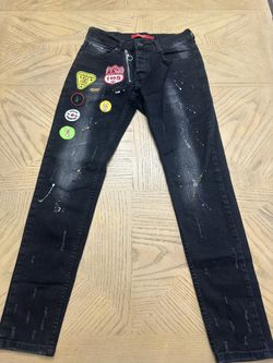 Mens black button fly distress splatter patches skinny jeans  Size 33x30