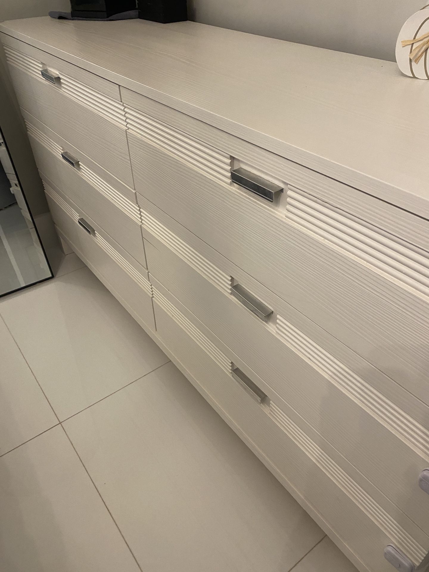 White Wood Bedroom Cabinet, Nightstand, & Mirror Set