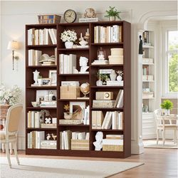 Triple Wide Bookshelf, 6 Tier Large Bookshelf, Bookcase with 17 Open Display Shelves, 74'' Tall Bookcases and Bookshelves for Living Room, Home Office