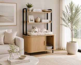 Cat Litter Box Enclosure with Shelves, Hidden Litter Box Cabinet Furniture with Charing Station, Fluted Mid-Century Cat House with Sliding Door and Ho