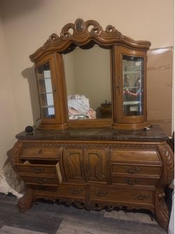 Solid, very heavy, wood, dresser, and hutch