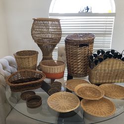 Wicker multiple items including plant holder trashcan, baskets, laundry basket, baskets and plate and cup holders