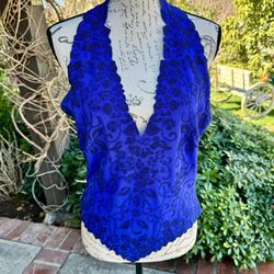 Vintage Tadashi designer Blue Beaded Floral Halter top 