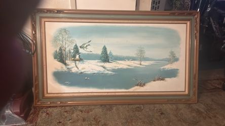 Framed Winter Landscape Oil Painting with Ducks