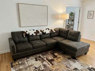 Charcoal Gray L-Shaped Sectional Sofa with Nailhead Trim - Need Gone this Weekend!