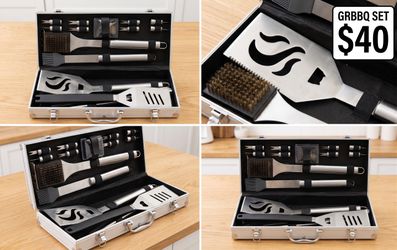 Stainless Steel BBQ Grill Tool Set with Aluminum Case – Complete BBQ Accessories Kit