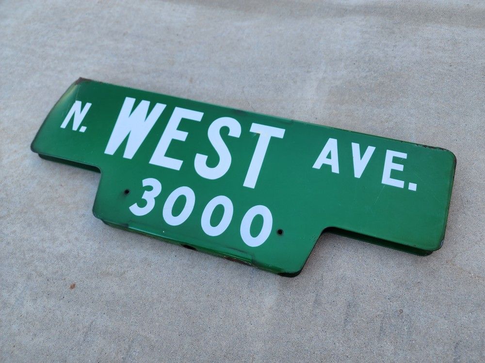 Old Double Sided Porcelain N. West Ave. Green & White Vintage Sign