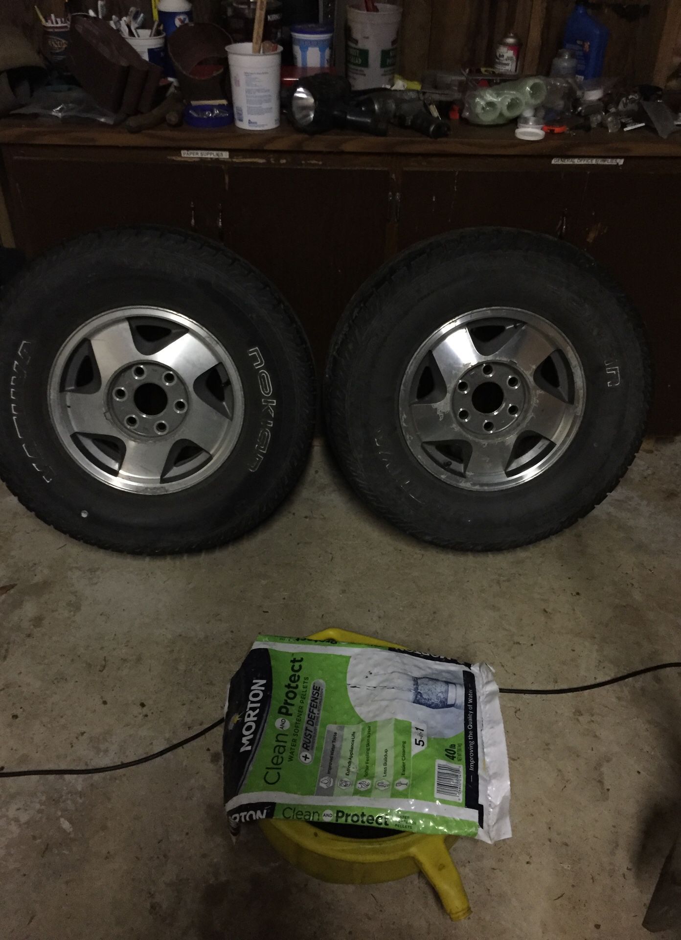 GMC/ Chevy 16 inch wheels and tires ) 4 total okay condition, two different brand of tire’s ) no holes but seem to slowly leak air. $15 ea obo