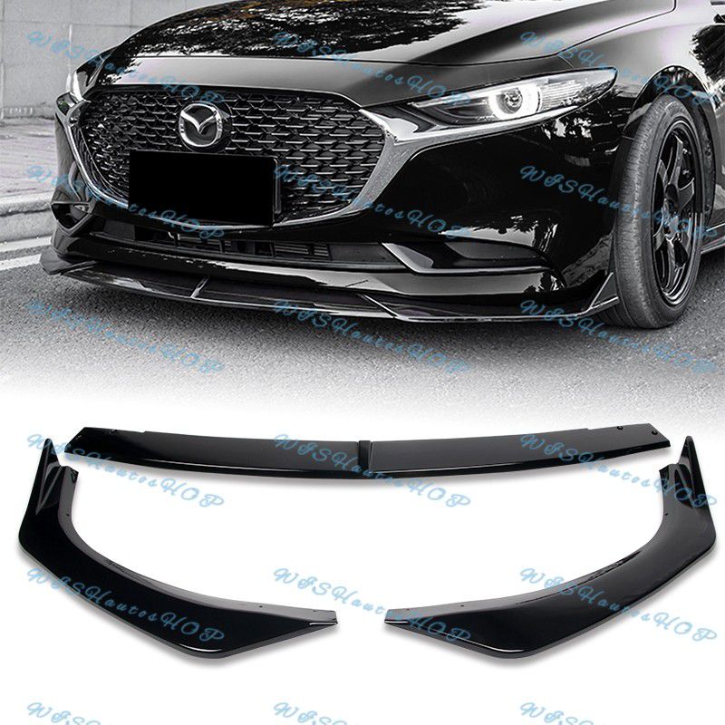 For 2019-2023 Mazda 3 Mazda3 Painted Black Front Bumper Body Kit Spoiler Lip 3PC -(2-PU-502-PBK