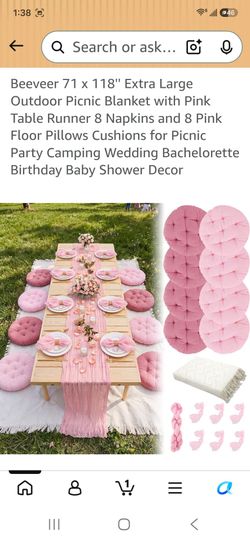 Beeveer 71 x 118'' Extra Large Outdoor Picnic Blanket with Pink Table Runner 8 Napkins and 8 Pink Floor Pillows Cushions for Picnic Party Camping Wedd
