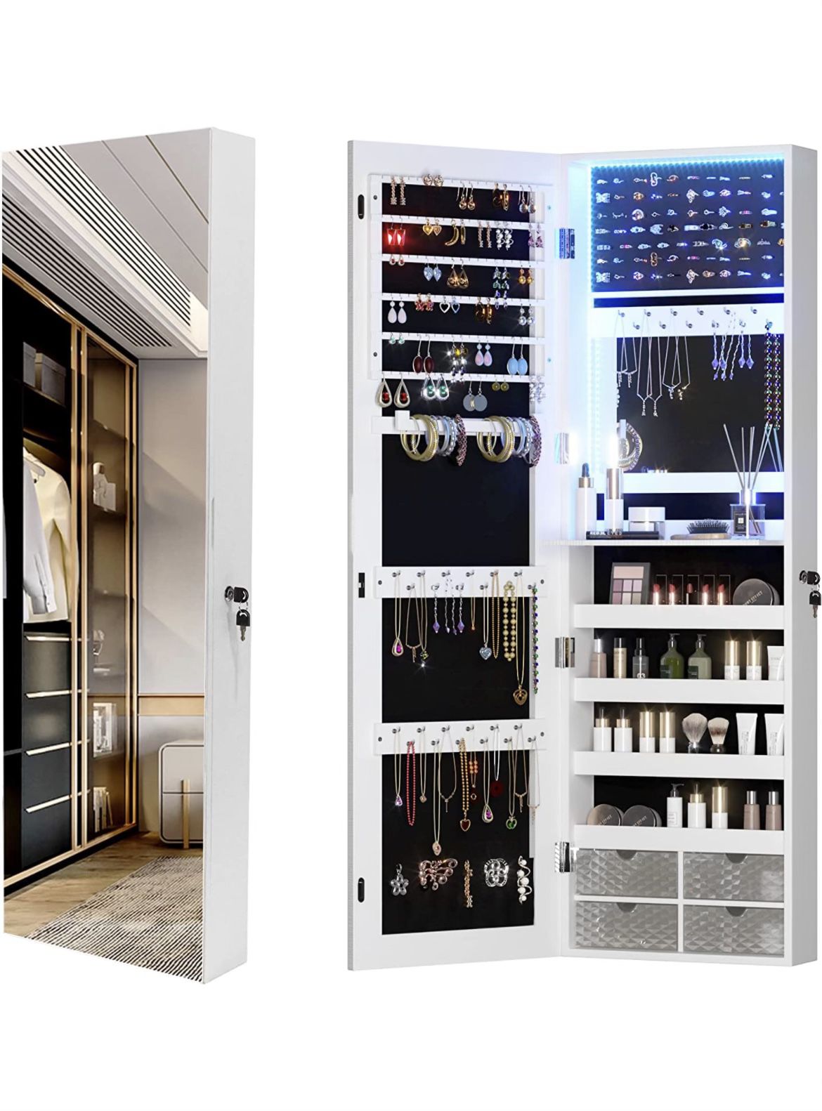 Mirror Jewelry Cabinet 79 LED Lights Wall-Mount/Door-Hanging Armoire, Lockable 47.2"H*14.4"L*3.7"W  6201