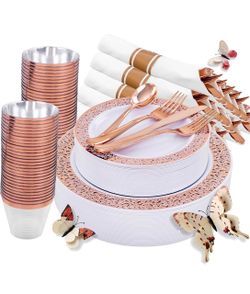 WELLIFE 350 PCS Rose Gold Disposable Dinnerware Set for 50 Guests, Disposable Rose Gold Lace Plates, Include:50 Dinner Plate, 50 Dessert Plates, 50 Pr
