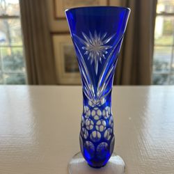 Vintage Bohemian Cobalt Blue Crystal Bud Vase - 8 “ Hand Cut Glass 