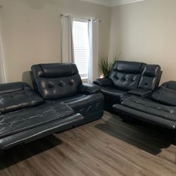 Ocean Blue real leather 3 power motors Sofa and oversize Love Seat recliners